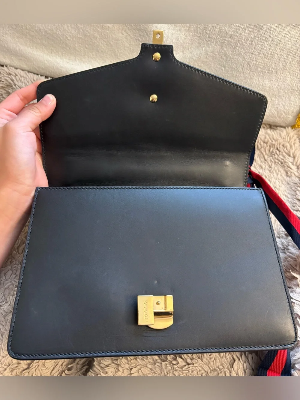 Gucci Vitello Fontanella Web Small Sylvie Shoulder Bag Black Agata - Picture 9 of 11